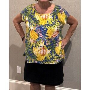 Rachel Roy Top Women XL Yellow Blue Blouse Floral Tropical Print